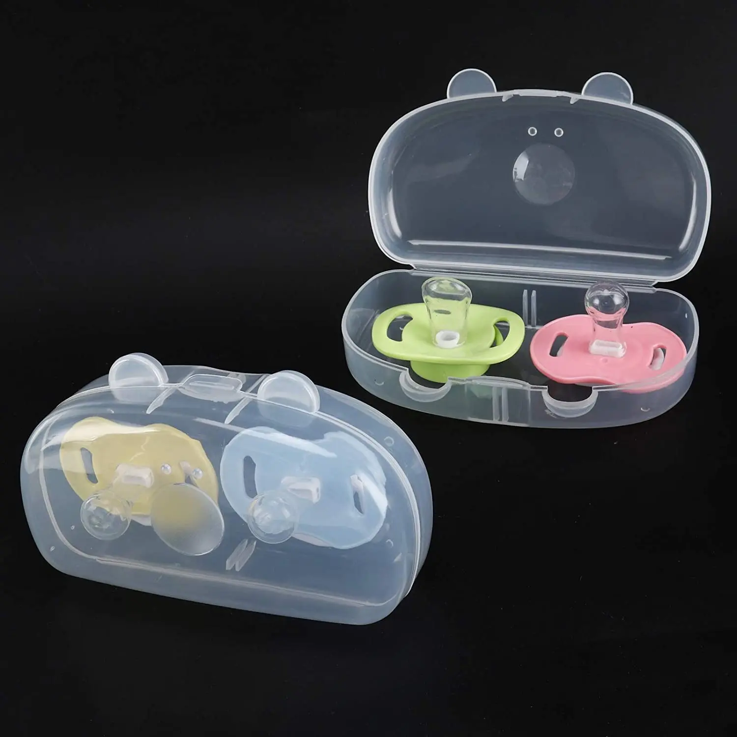 Clear BPA-free pacifier case holds two pacifiers, keeping baby's soothers clean and protected from dust during travel or at home.