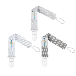 This set of three stylish and safe Babygoal pacifier clips for boys, featuring durable polyester fabric, plastic teeth, and a universal design, can be used for pacifiers, teething toys, bibs, and blankets.