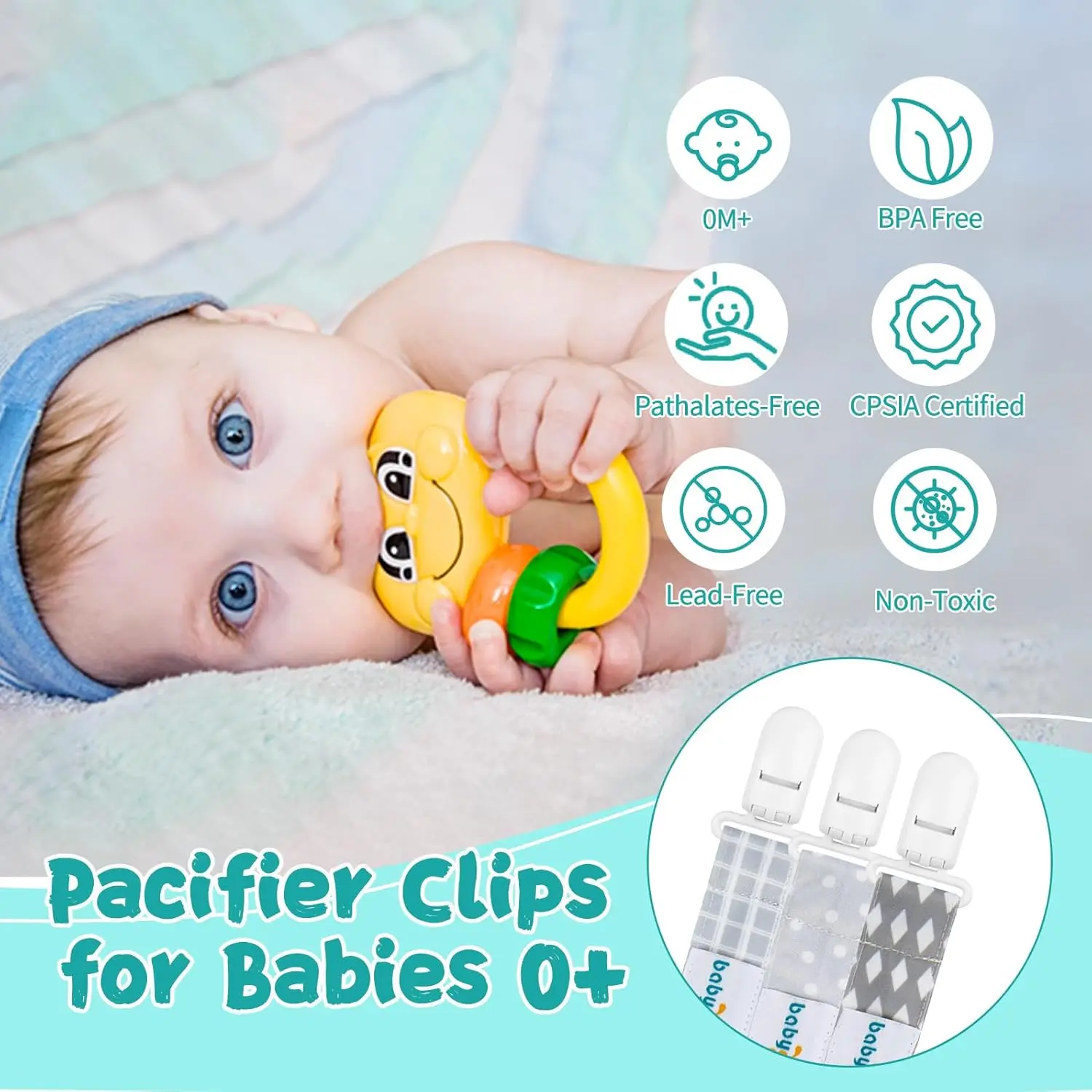 This set of three stylish and safe Babygoal pacifier clips for boys, featuring durable polyester fabric, plastic teeth, and a universal design, can be used for pacifiers, teething toys, bibs, and blankets.