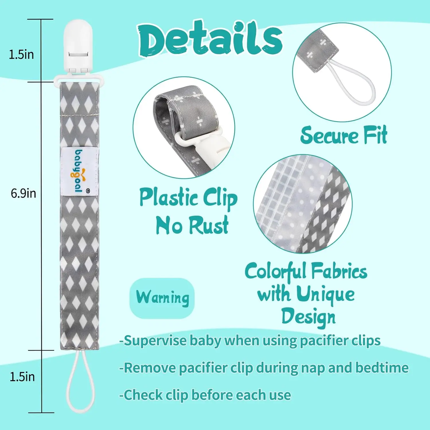 This set of three stylish and safe Babygoal pacifier clips for boys, featuring durable polyester fabric, plastic teeth, and a universal design, can be used for pacifiers, teething toys, bibs, and blankets.
