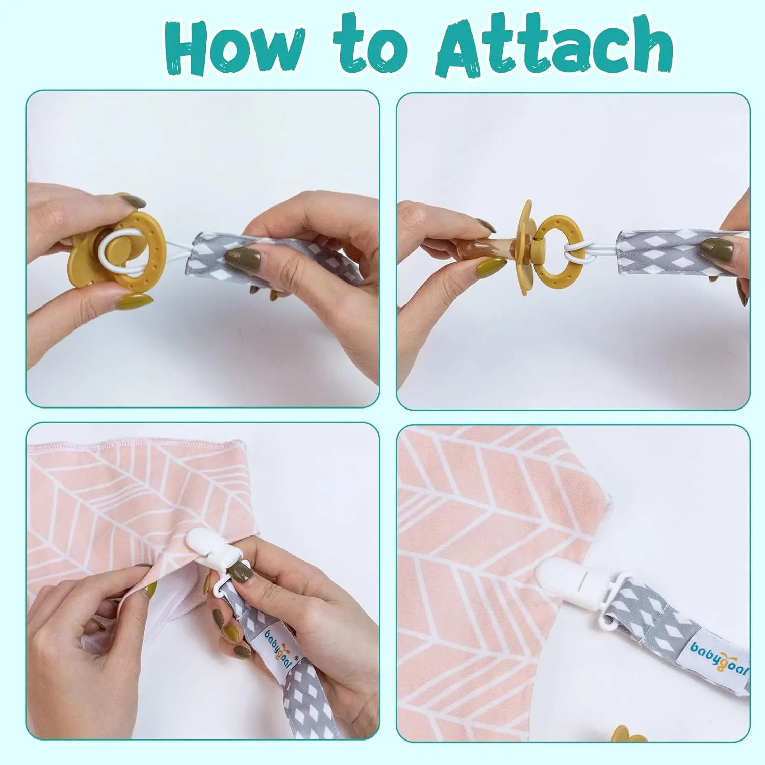 This set of three stylish and safe Babygoal pacifier clips for boys, featuring durable polyester fabric, plastic teeth, and a universal design, can be used for pacifiers, teething toys, bibs, and blankets.