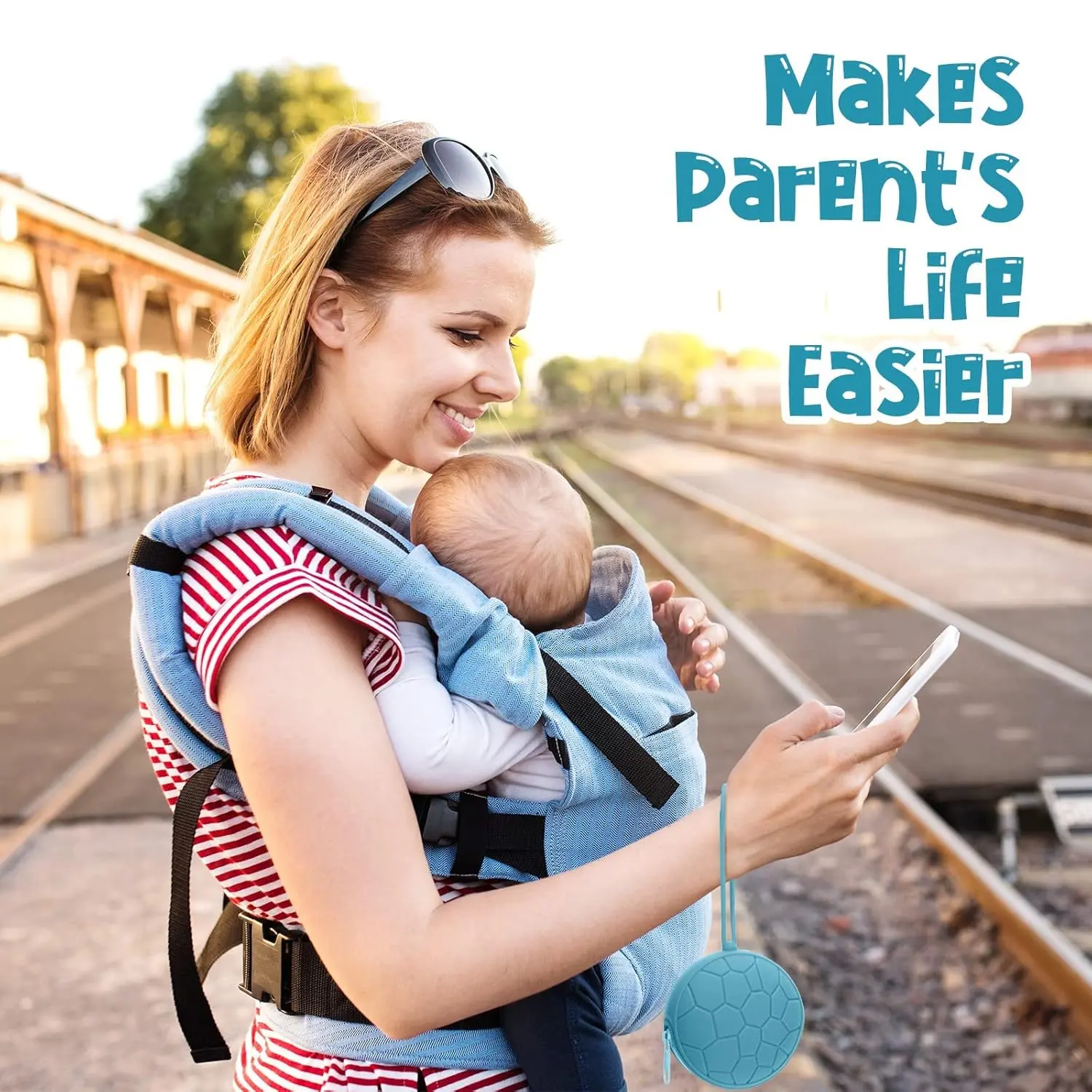 This pacifier holder case set includes two silicone pacifier holders and two transparent pacifier storage boxes to keep pacifiers clean and sanitary on the go.