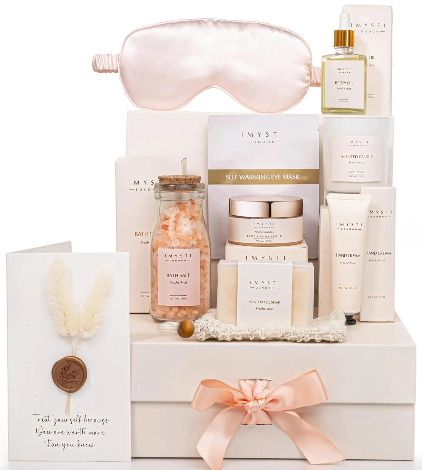 This luxury spa gift set is the perfect pamper gift for women who need self-care and relaxation, featuring a soy wax candle, body scrub, bath salts, and other premium essentials.