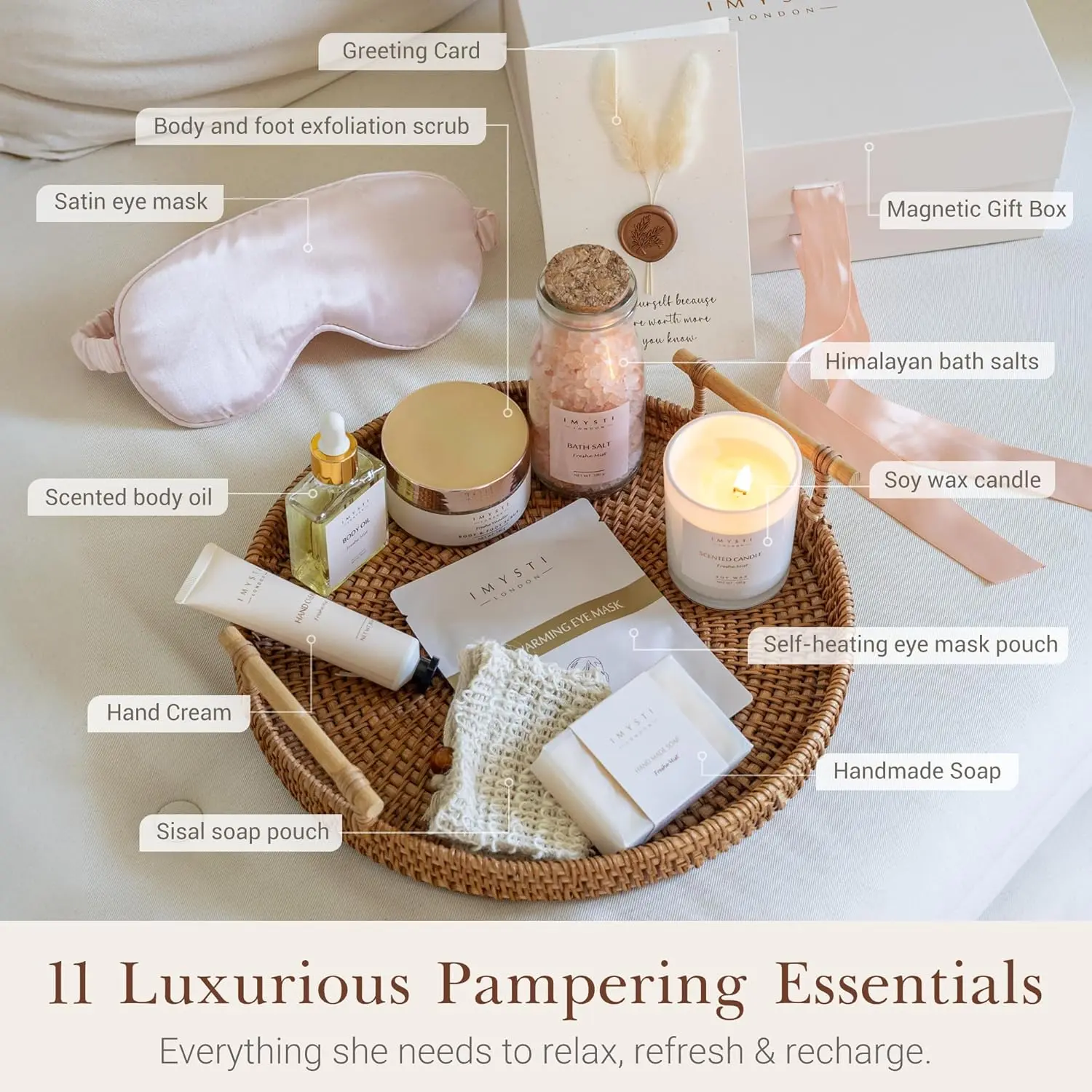 This luxury spa gift set is the perfect pamper gift for women who need self-care and relaxation, featuring a soy wax candle, body scrub, bath salts, and other premium essentials.