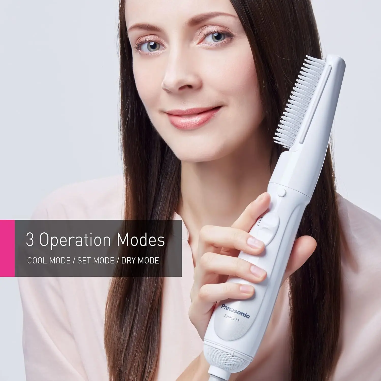 The Panasonic hair styler blow brush features a slim design and rubber sides to catch hair for effective styling with quiet operation.