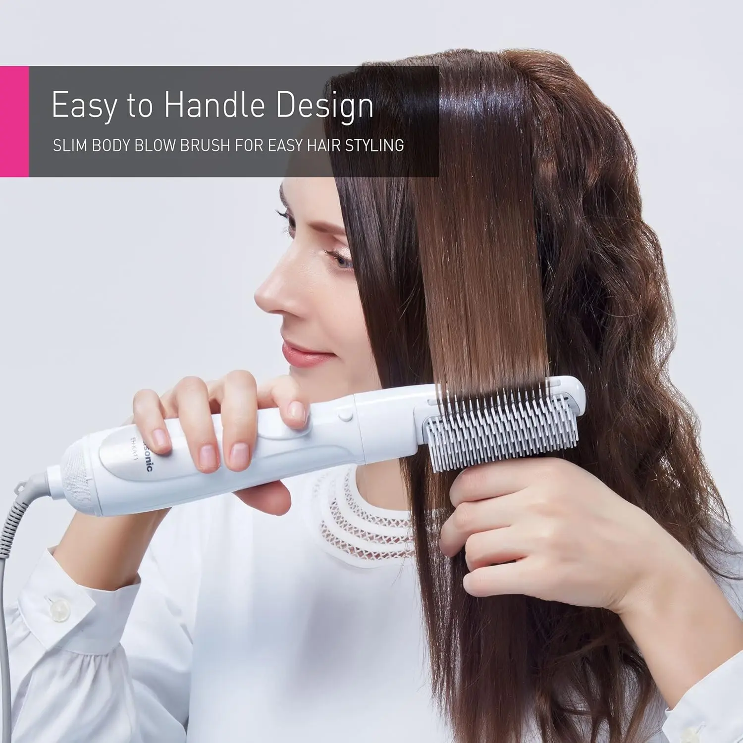 The Panasonic hair styler blow brush features a slim design and rubber sides to catch hair for effective styling with quiet operation.