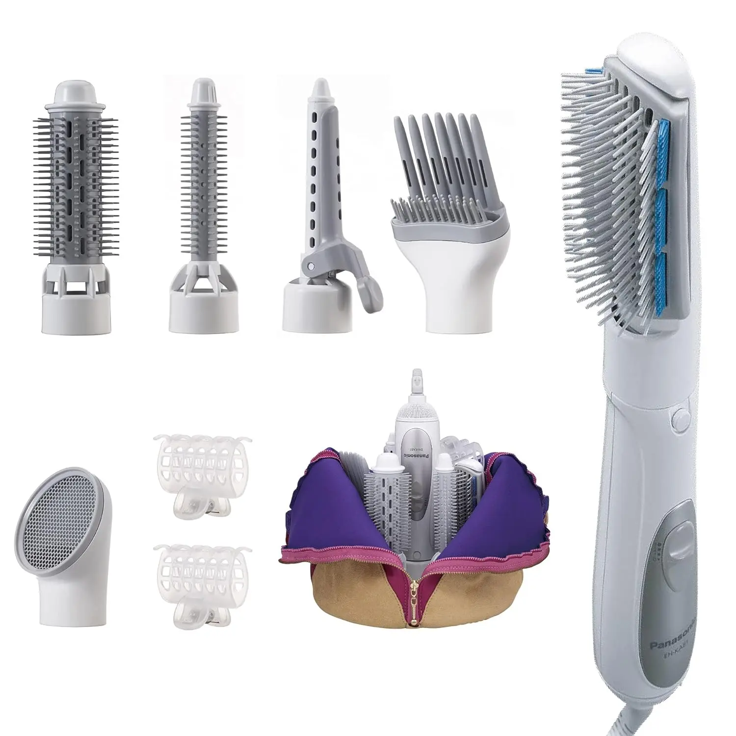 The Panasonic hair styler blow brush features a slim design and rubber sides to catch hair for effective styling with quiet operation.