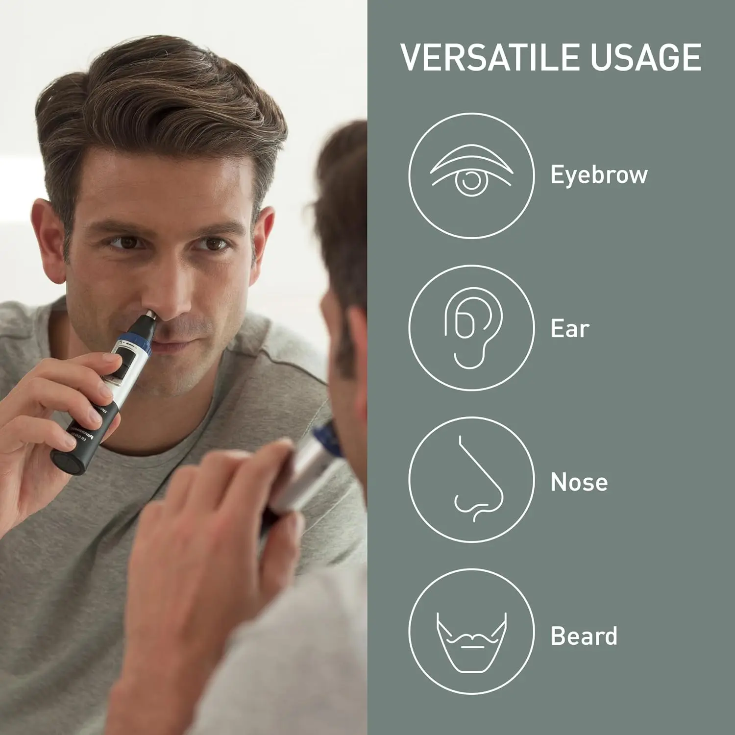 This Panasonic nose and ear hair trimmer features dual-edge blades for precise and detailed trimming, vortex cleaning, and wet/dry operation for convenient grooming.