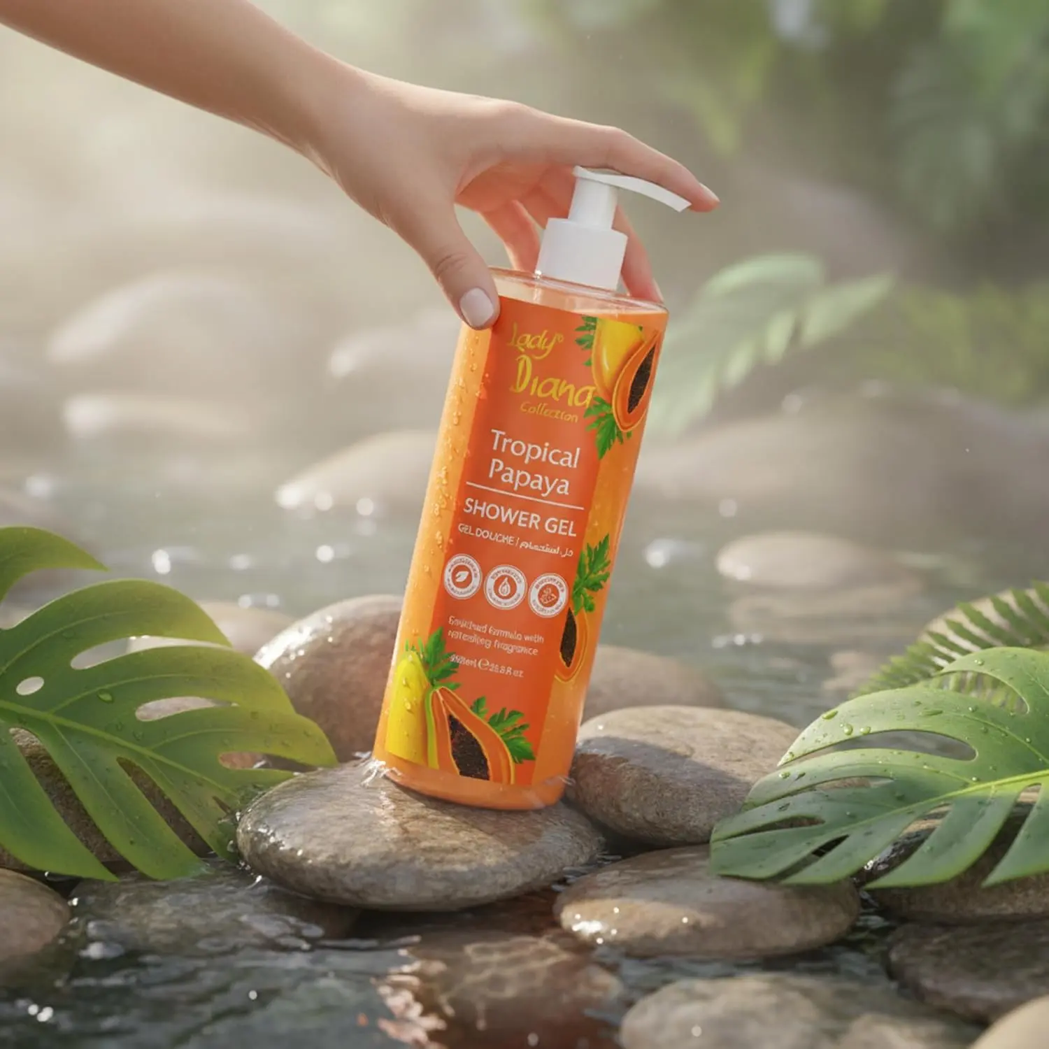 Lady Diana papaya shower gel in a large pump bottle, offering a gentle foaming cleanse for soft, refreshed, and hydrated skin with a tropical fragrance.