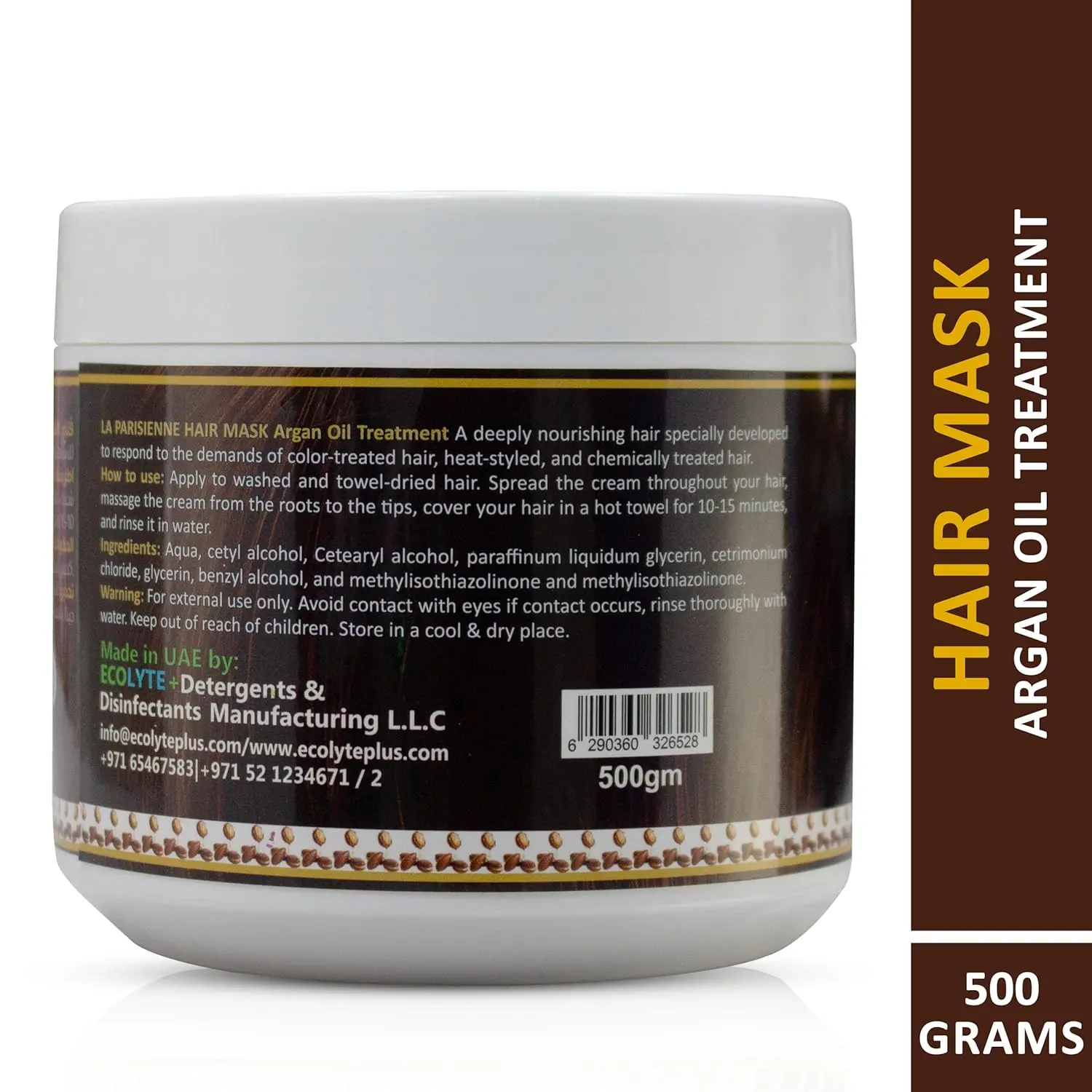 La Parisienne hair mask in a 500-gram tub, a deep conditioning and moisturizing treatment that repairs damaged, dry, and brittle hair, leaving it soft, smooth, and frizz-free.