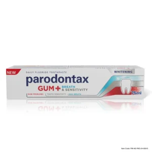 Daily fluoride Parodontax toothpaste formulated for sensitive teeth, gum problems and bad breath, helps remove plaque and keeps gums healthy.