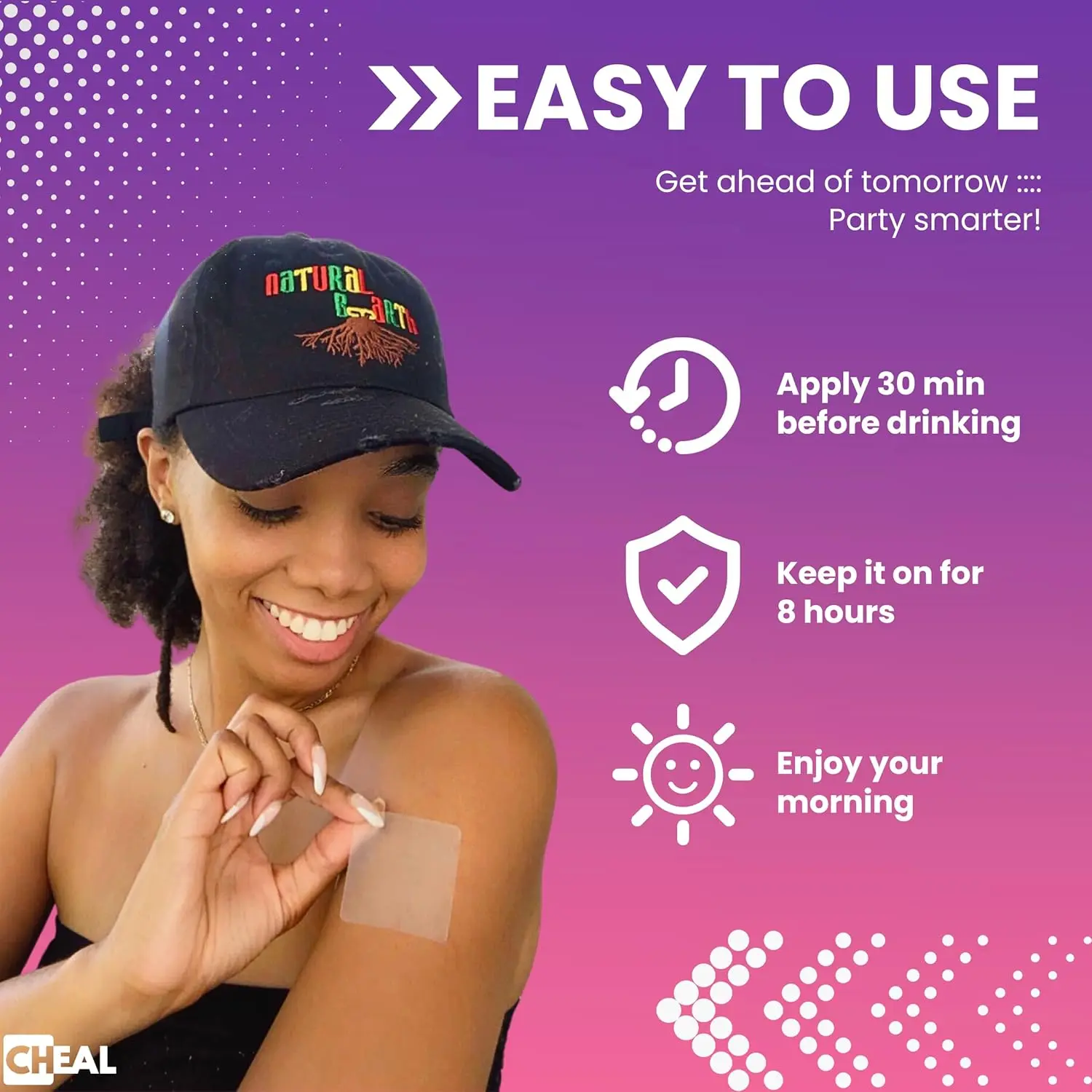 These clear, discreet party patches are individually packed and waterproof, designed for easy use 40 minutes before drinking and lasting up to 8 hours.