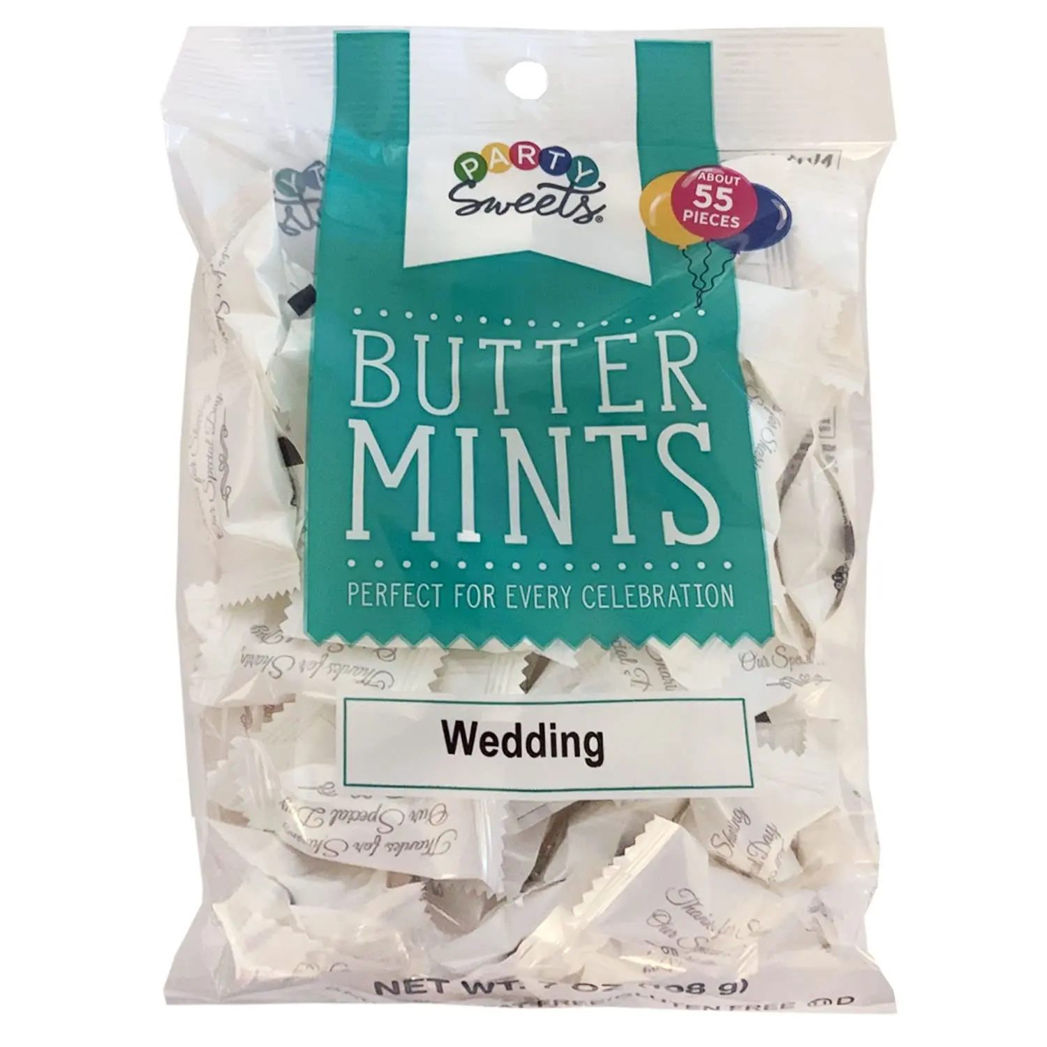 Six bags of Party Sweets white buttermints, individually wrapped, perfect as wedding favors or party decorations.