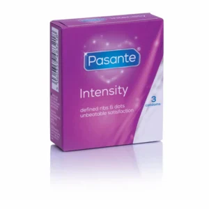 Three Pasante Intensity condoms featuring a dual-textured design with ribs and dots for heightened sensitivity and pleasure, made from natural rubber latex and electronically tested for safety.