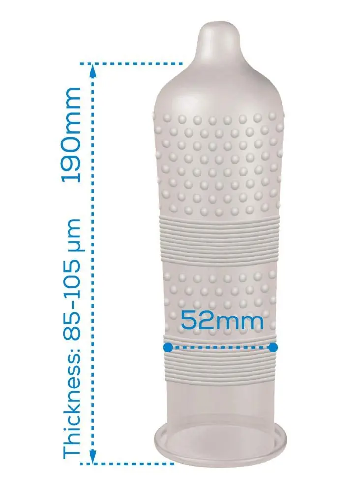 Three Pasante Intensity condoms featuring a dual-textured design with ribs and dots for heightened sensitivity and pleasure, made from natural rubber latex and electronically tested for safety.