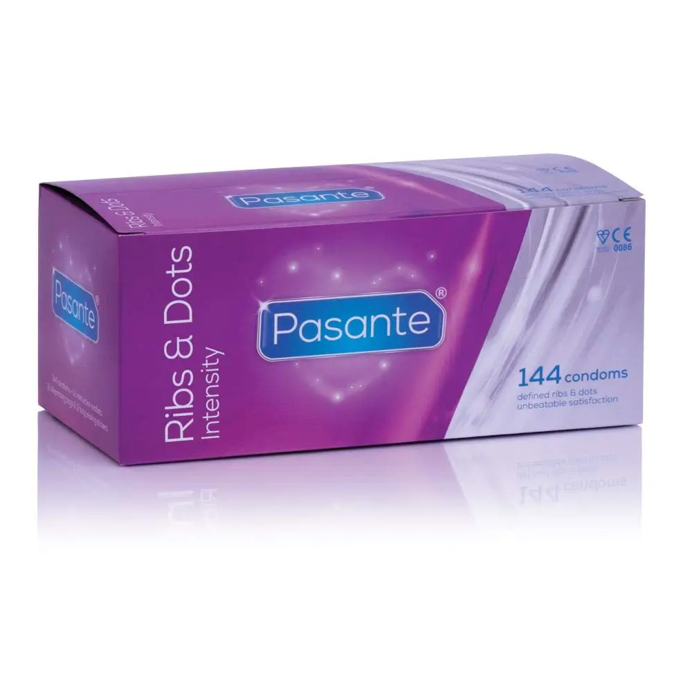 Three Pasante Intensity condoms featuring a dual-textured design with ribs and dots for heightened sensitivity and pleasure, made from natural rubber latex and electronically tested for safety.