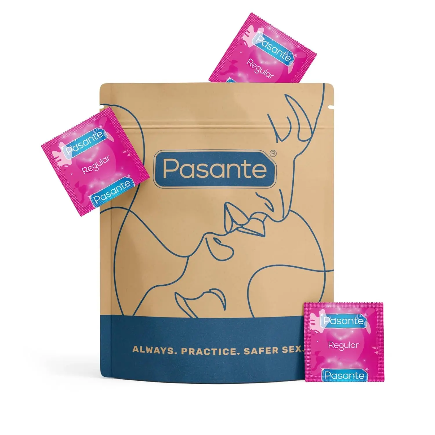 A 72-pack of Pasante regular condoms supplied in a discreet kraft bag, shaped for a comfortable fit.