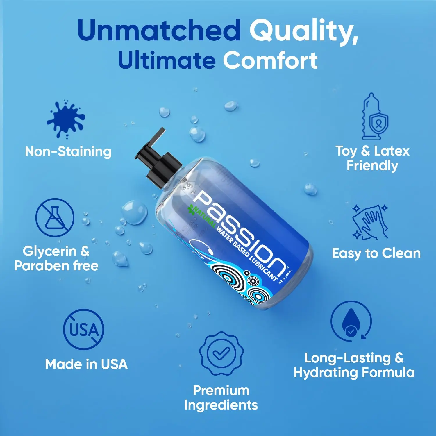 This is a bottle of Passion water-based personal lubricant for smooth, comfortable, and enhanced pleasure, designed for use with toys and condoms, and easy to clean.