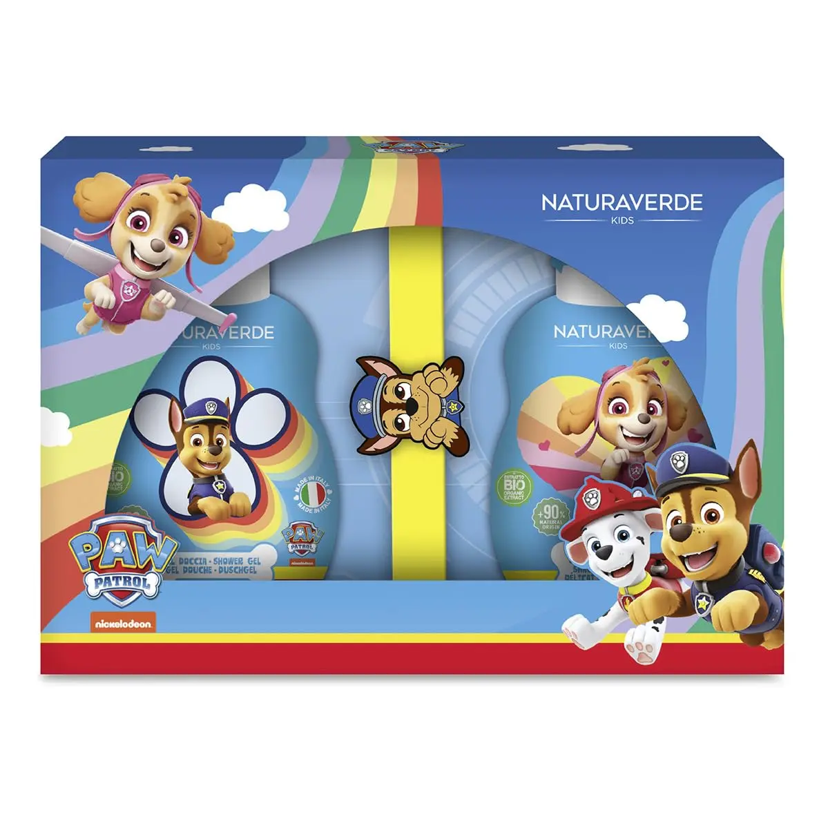 Naturaverde Paw Patrol gift set containing shampoo, shower gel and a fun slap bracelet, perfect for making bath time an enjoyable experience for kids.