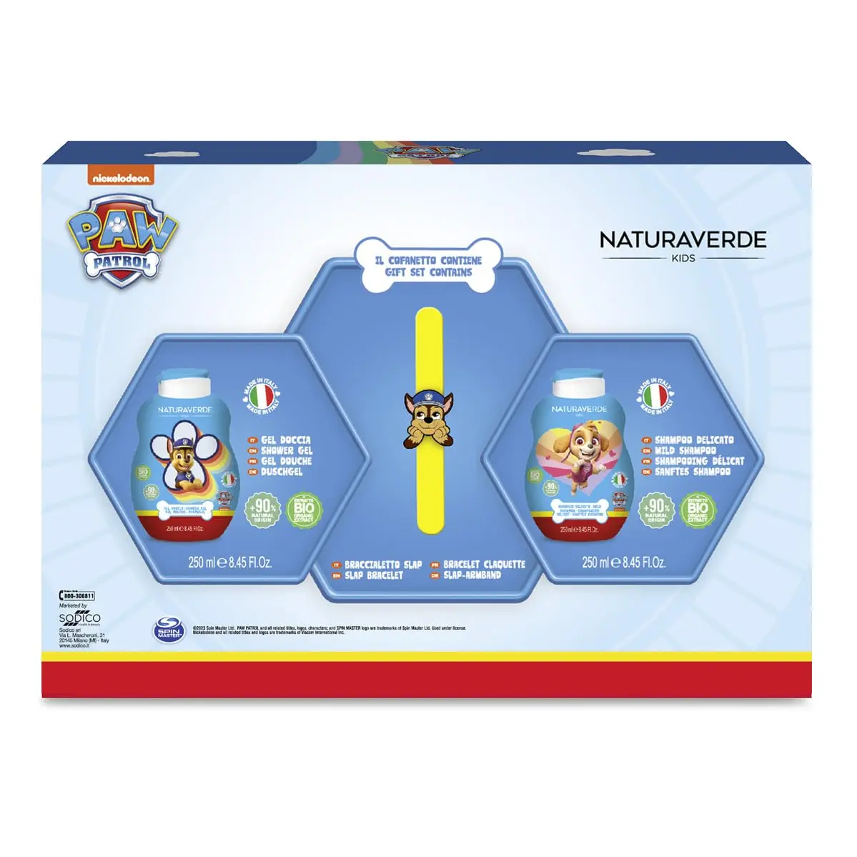 Naturaverde Paw Patrol gift set containing shampoo, shower gel and a fun slap bracelet, perfect for making bath time an enjoyable experience for kids.