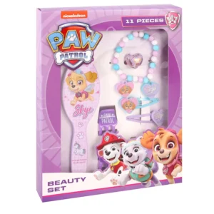 Eleven-piece Paw Patrol Skye beauty set including hairbrush, bracelet, ring, hair clips and scrunchies for creative and fashionable girls.