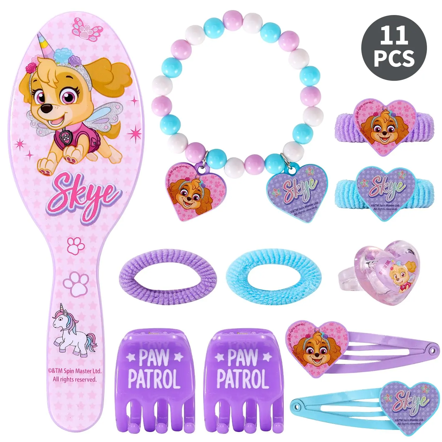 Eleven-piece Paw Patrol Skye beauty set including hairbrush, bracelet, ring, hair clips and scrunchies for creative and fashionable girls.