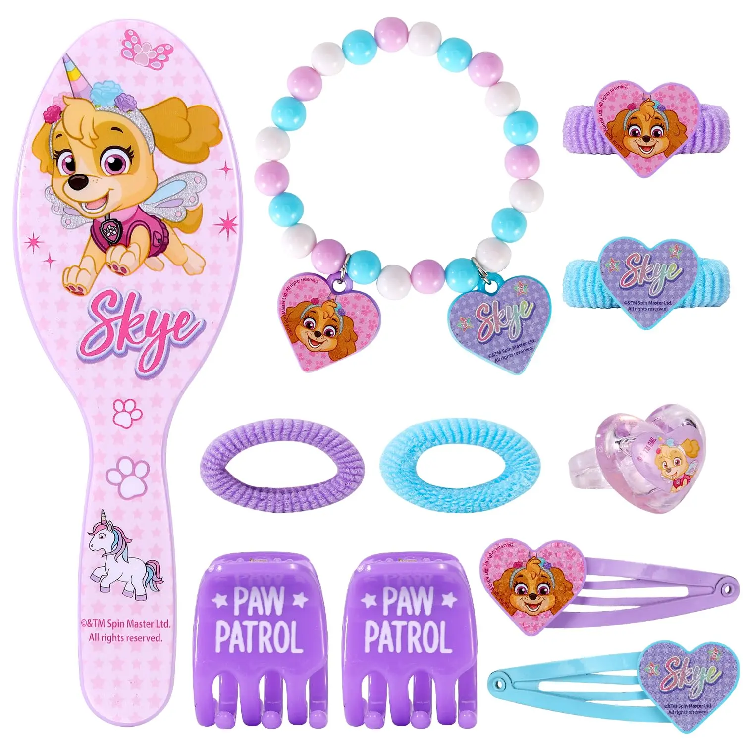 Eleven-piece Paw Patrol Skye beauty set including hairbrush, bracelet, ring, hair clips and scrunchies for creative and fashionable girls.