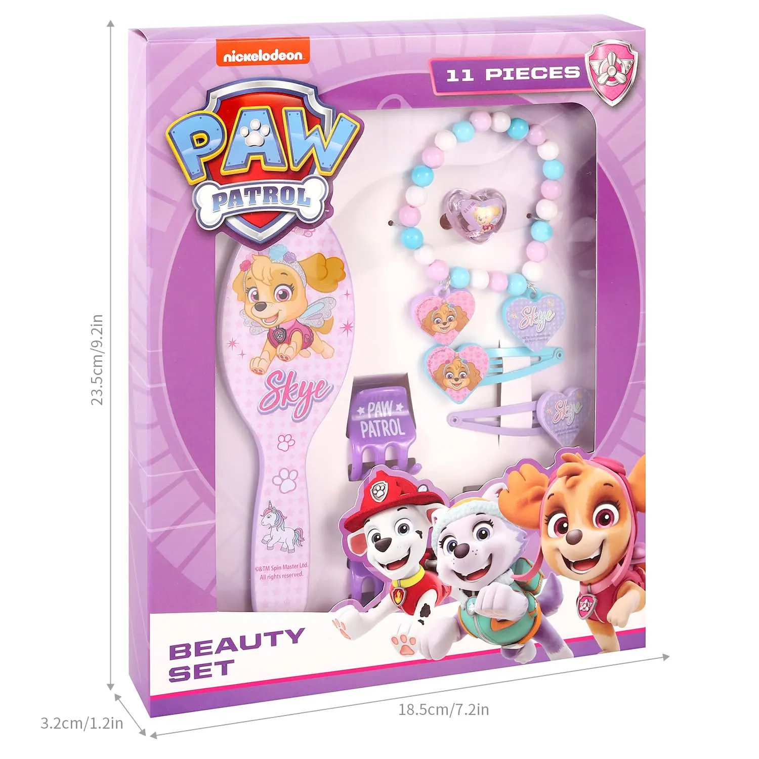 Eleven-piece Paw Patrol Skye beauty set including hairbrush, bracelet, ring, hair clips and scrunchies for creative and fashionable girls.