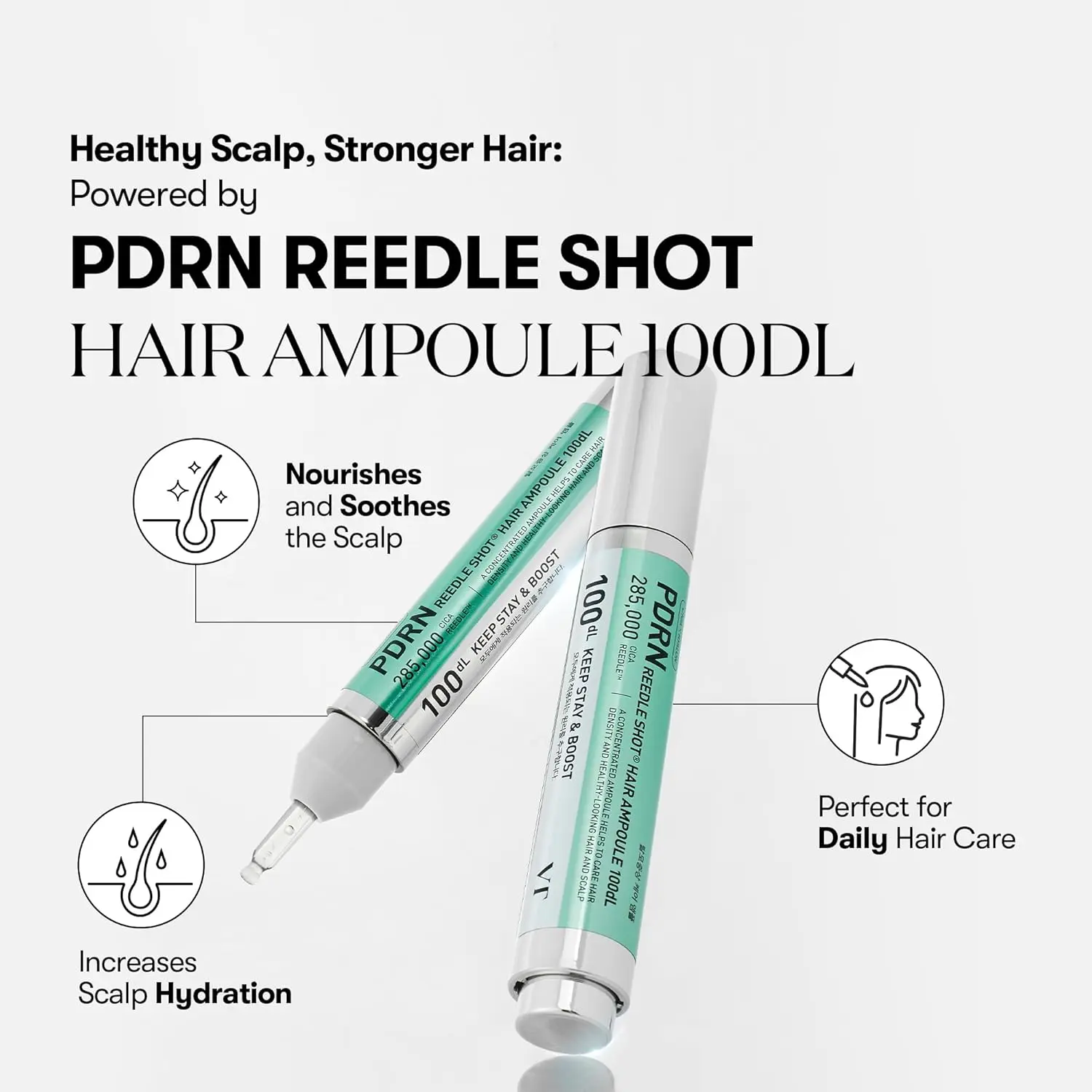 VT Cosmetics PDRN reedle shot hair ampoule nourishes and soothes the scalp with vegan PDRN and Korean ginseng to promote healthy hair growth and prevent hair loss.