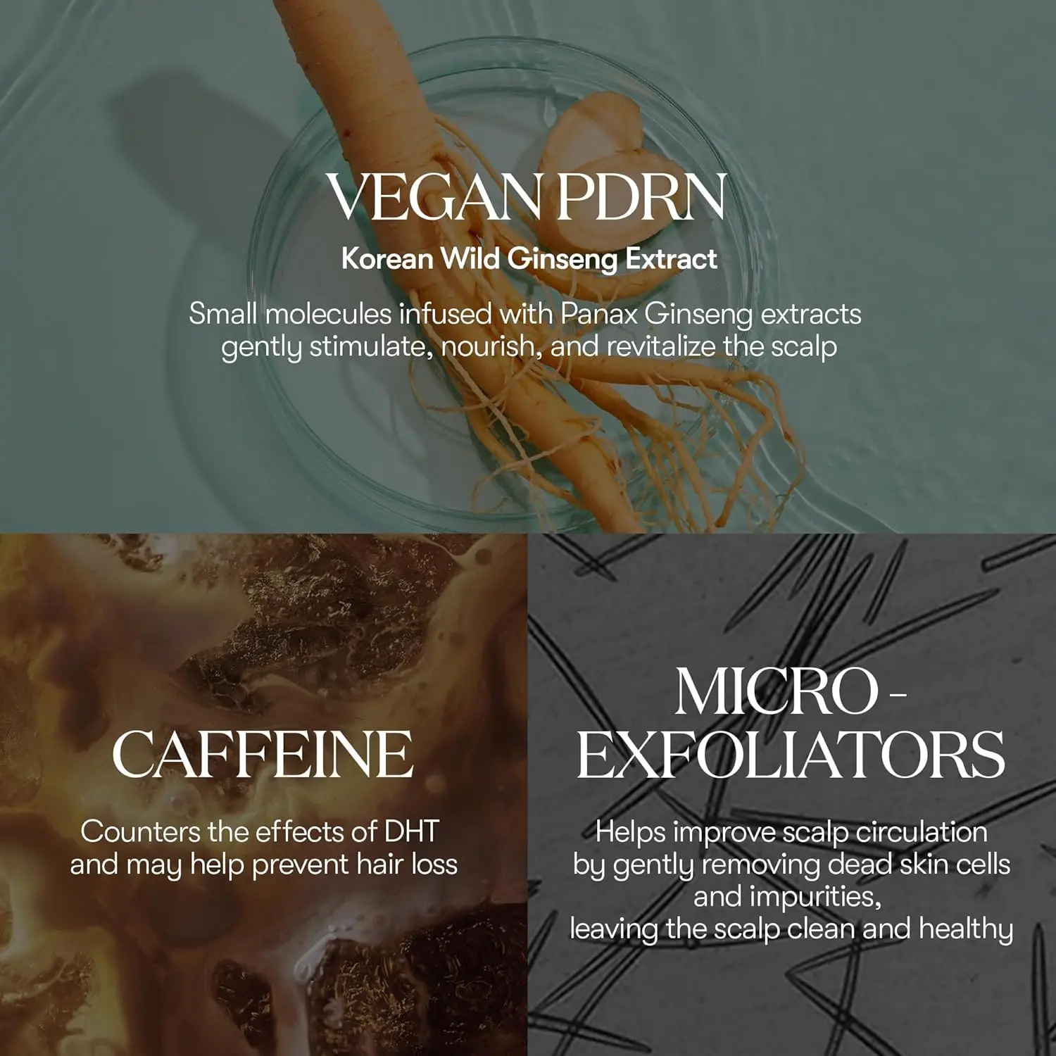 VT Cosmetics PDRN reedle shot hair ampoule nourishes and soothes the scalp with vegan PDRN and Korean ginseng to promote healthy hair growth and prevent hair loss.