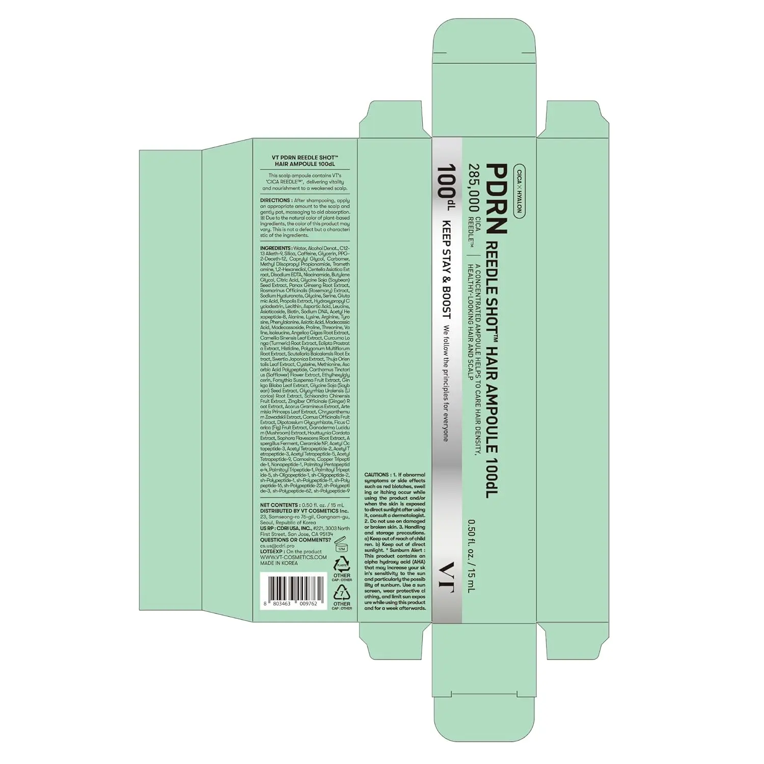 VT Cosmetics PDRN reedle shot hair ampoule nourishes and soothes the scalp with vegan PDRN and Korean ginseng to promote healthy hair growth and prevent hair loss.