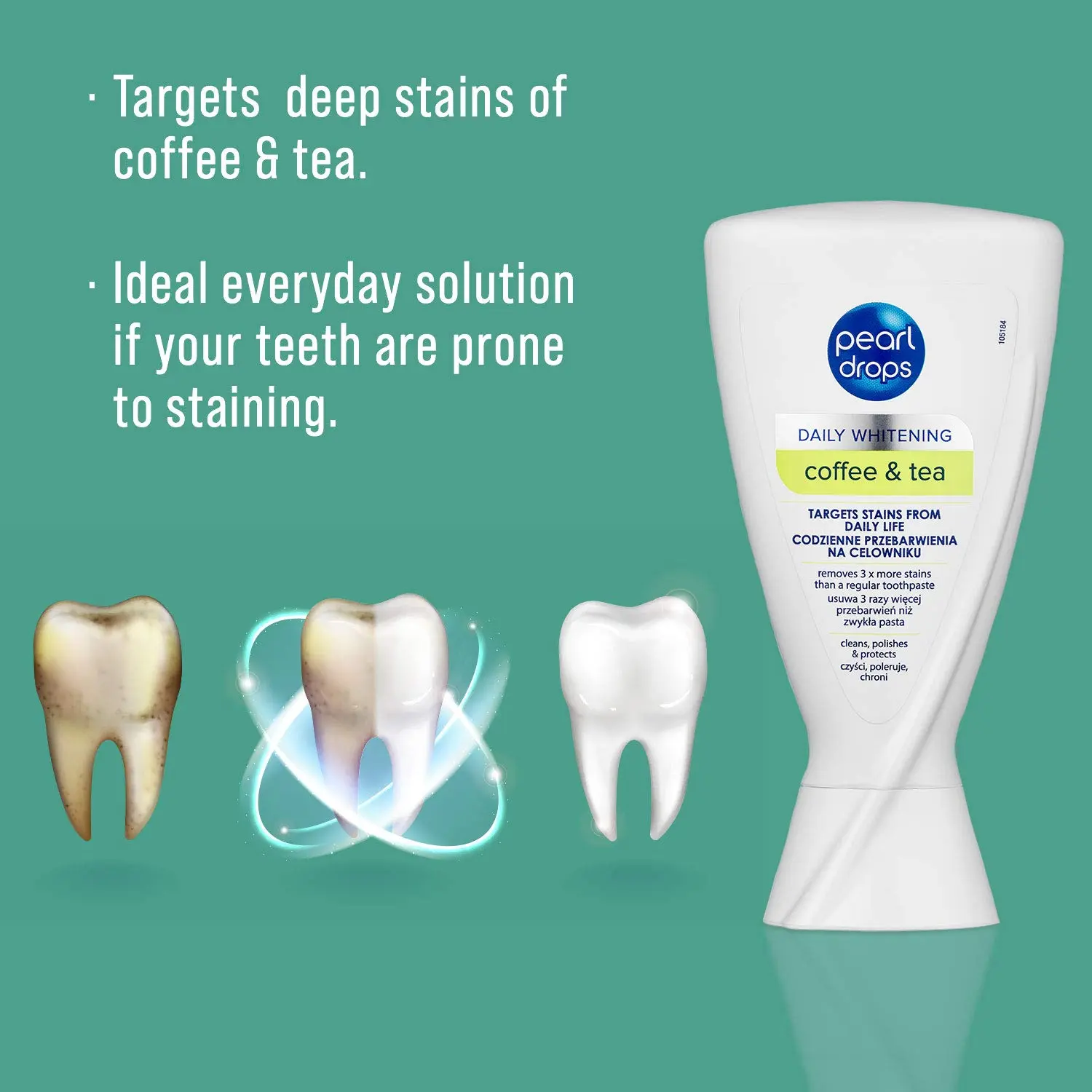 Pearl Drops Coffee & Tea 4D Whitening Toothpaste helps remove stains from coffee and tea consumption while freshening breath and preventing future stains.