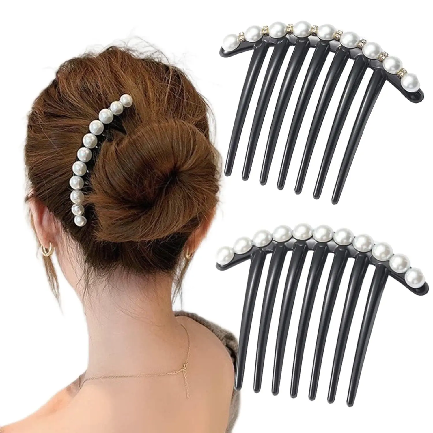 This image displays two vintage-style hair combs adorned with pearls and rhinestones, perfect for decorating hair buns and creating elegant updos for women.