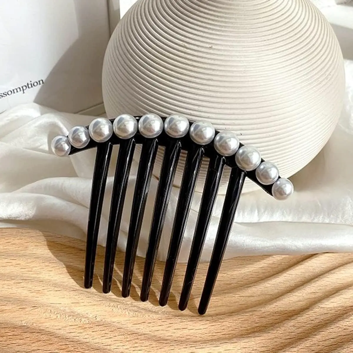 This image displays two vintage-style hair combs adorned with pearls and rhinestones, perfect for decorating hair buns and creating elegant updos for women.