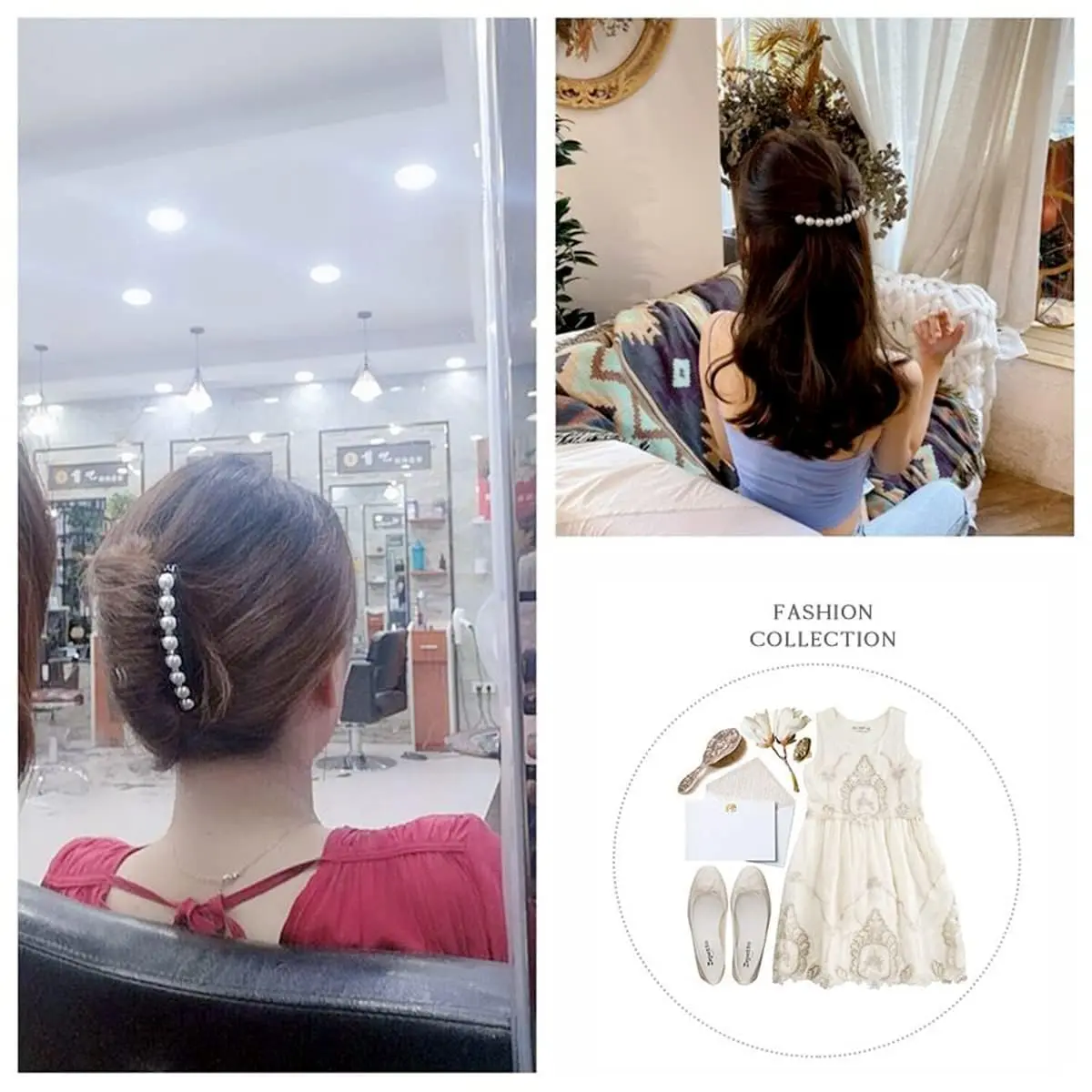 This image displays two vintage-style hair combs adorned with pearls and rhinestones, perfect for decorating hair buns and creating elegant updos for women.