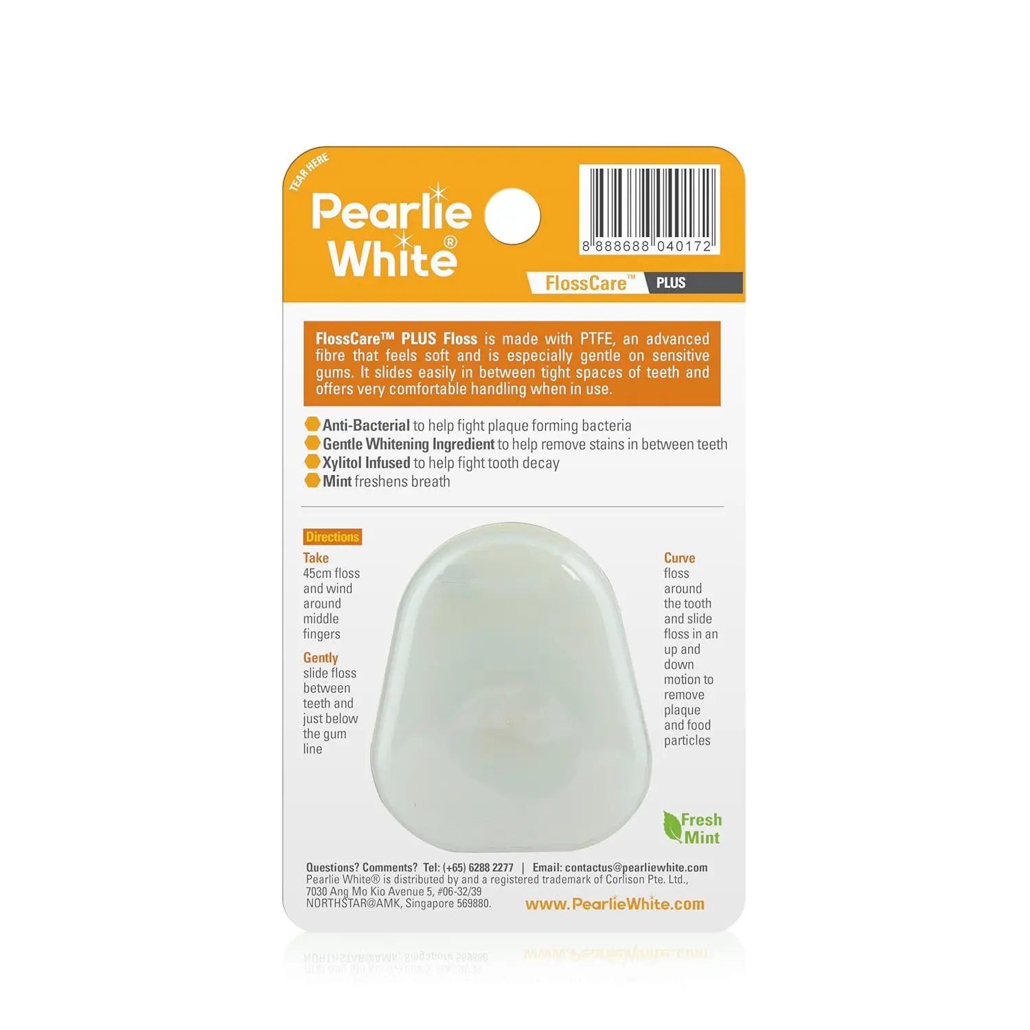 Pearlie White Flosscare dental floss helps kill bacteria between teeth and gums.