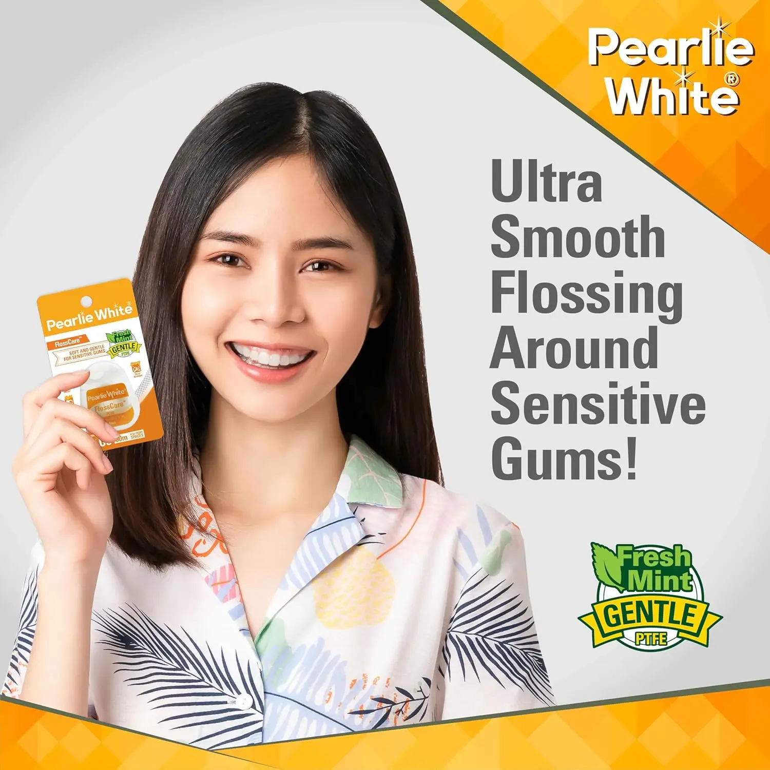 Pearlie White Flosscare dental floss helps kill bacteria between teeth and gums.