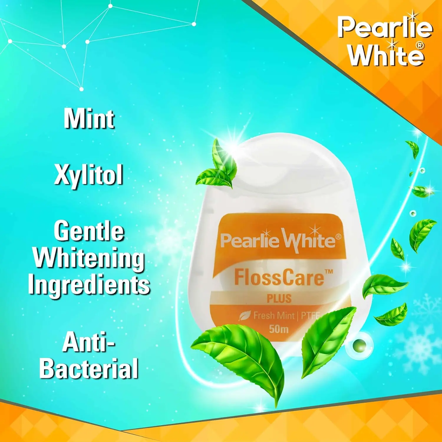 Pearlie White Flosscare dental floss helps kill bacteria between teeth and gums.