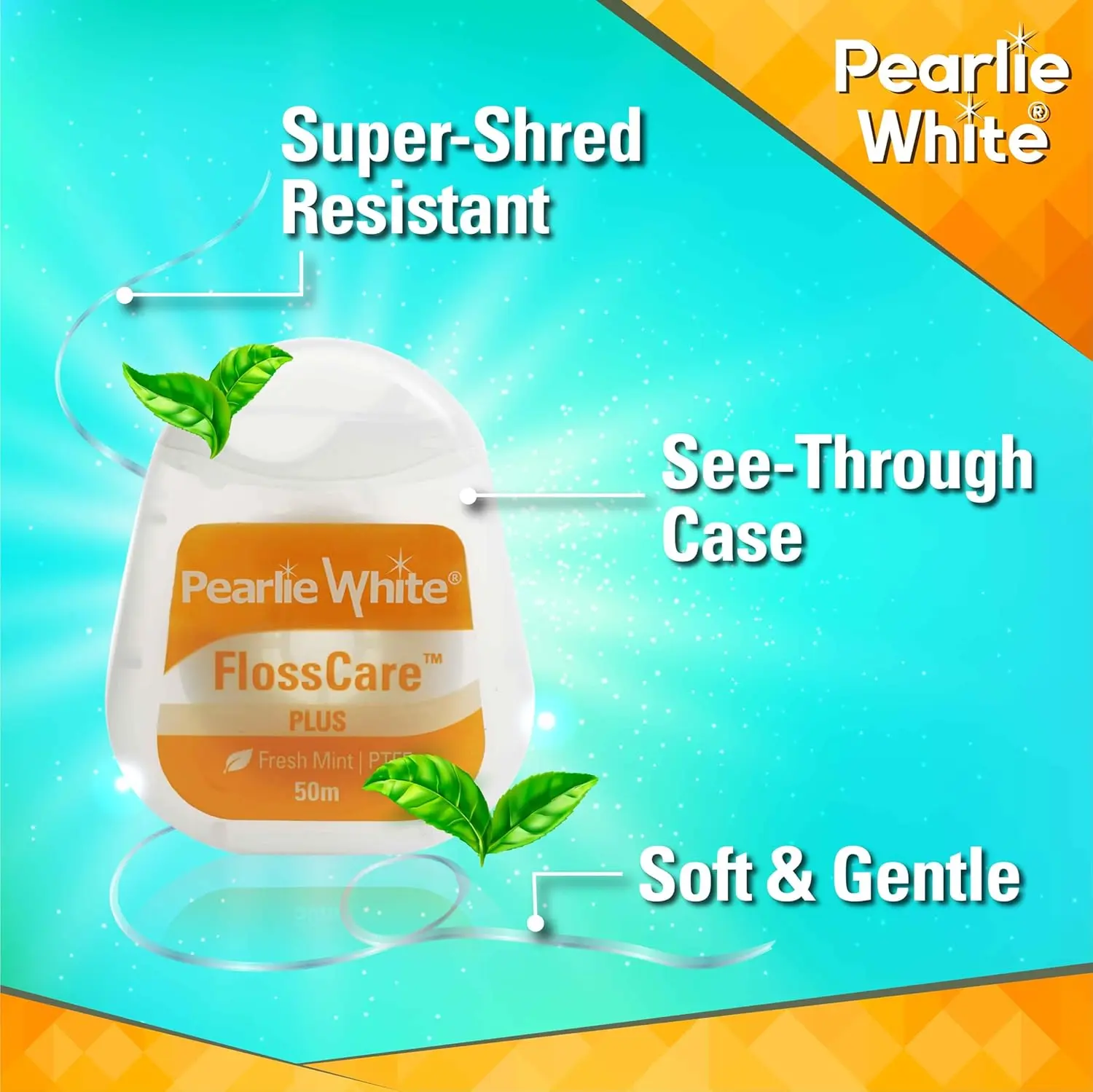 Pearlie White Flosscare dental floss helps kill bacteria between teeth and gums.
