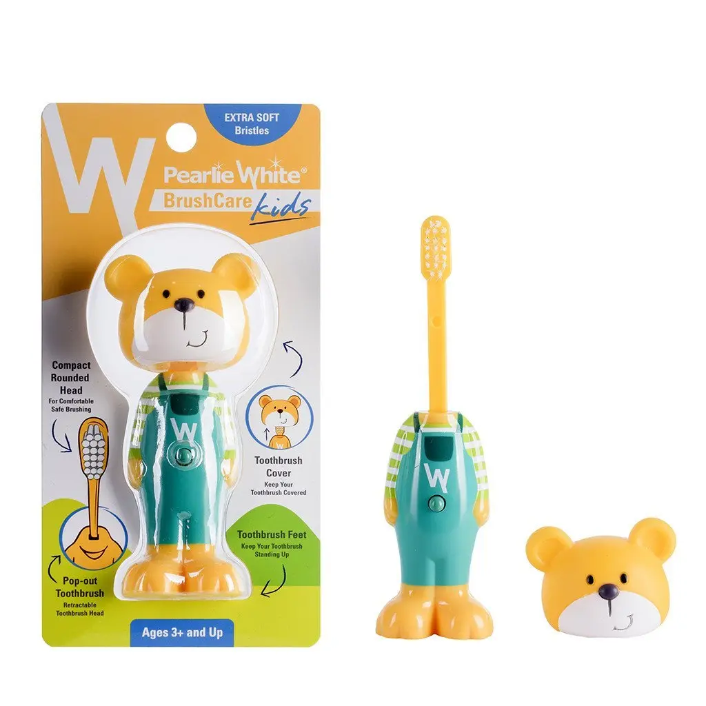 This multi-colored Pearlie White kids toothbrush with a protective cover helps children aged 3 and above develop good oral health habits and makes brushing a fun experience.