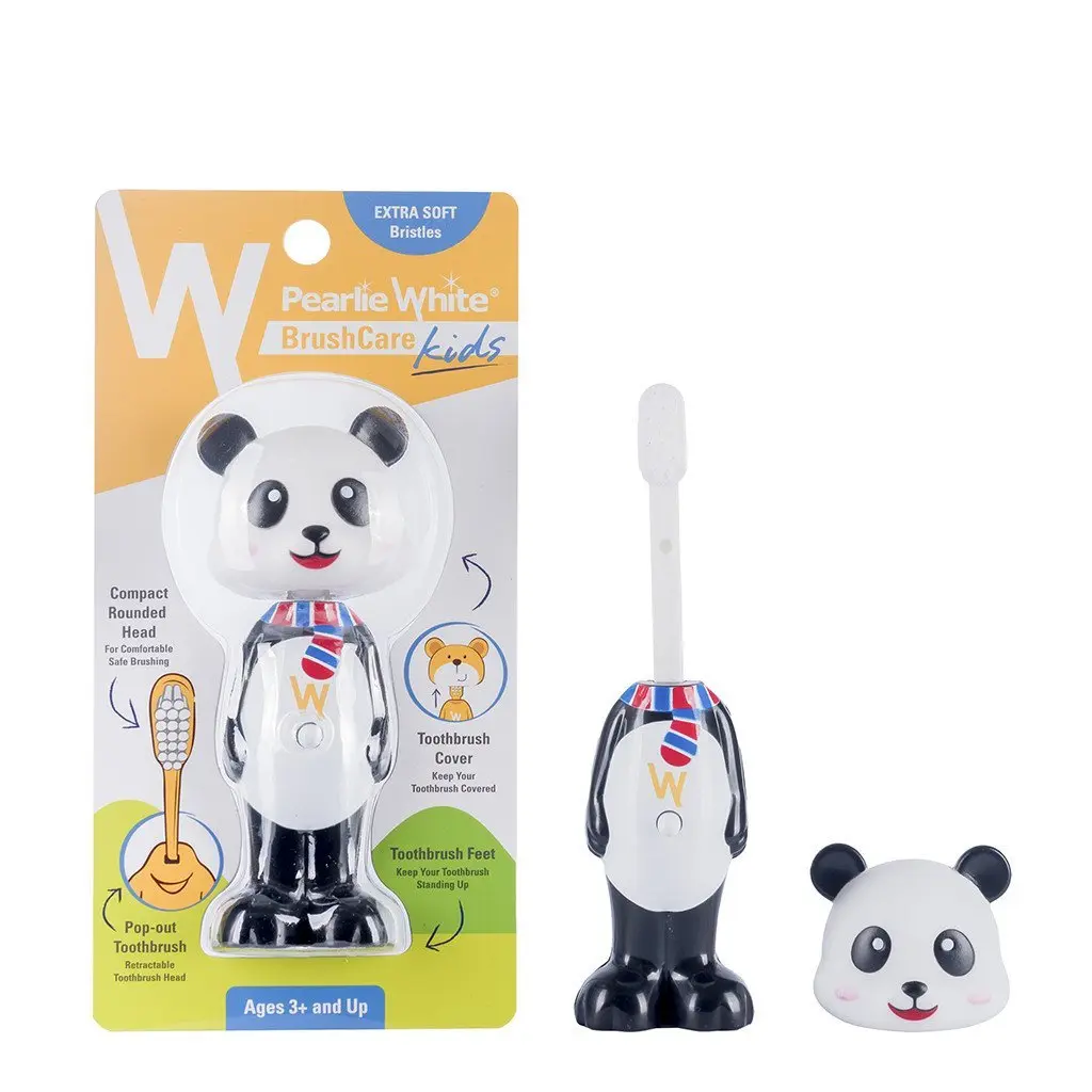 This multi-colored Pearlie White kids toothbrush with a protective cover helps children aged 3 and above develop good oral health habits and makes brushing a fun experience.