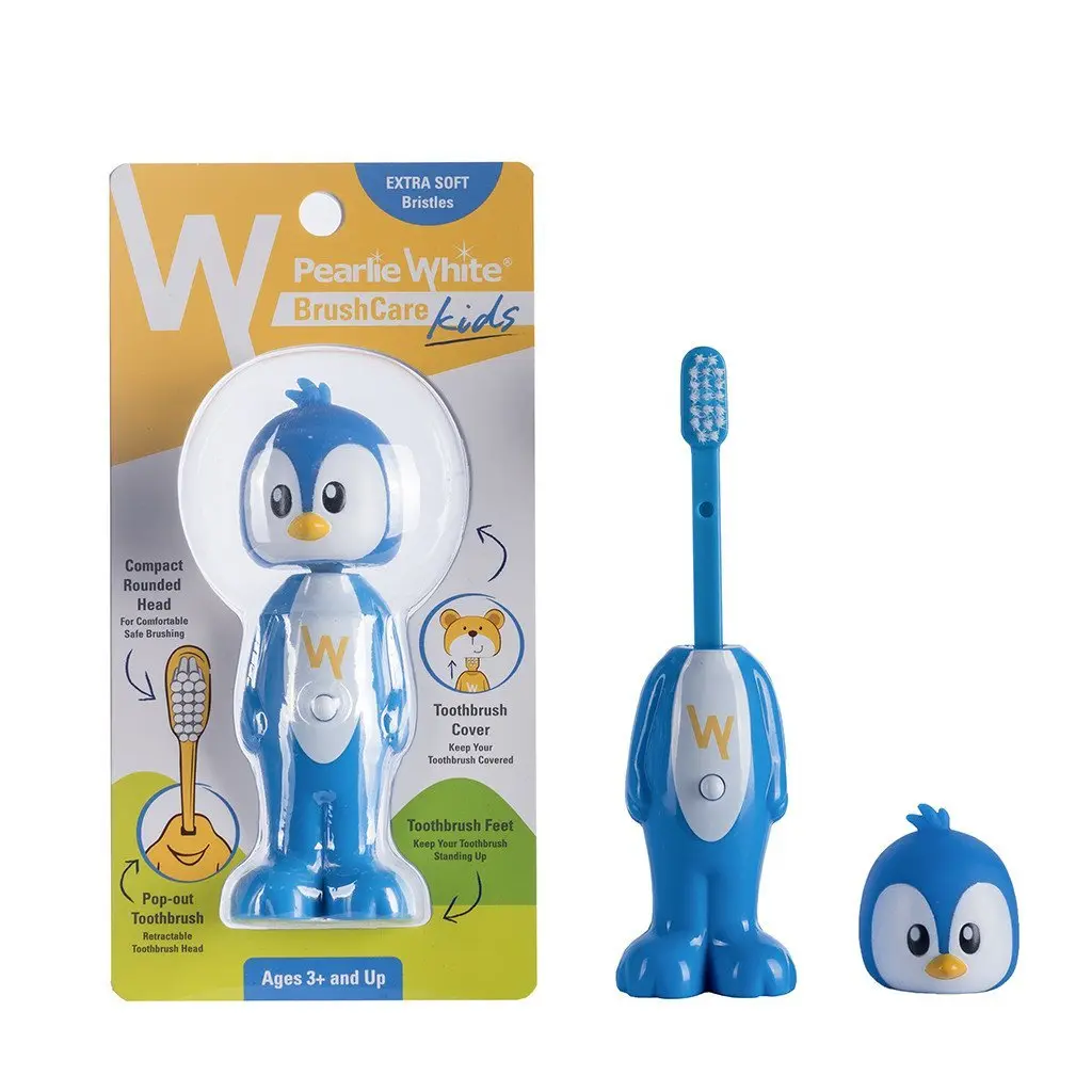 This multi-colored Pearlie White kids toothbrush with a protective cover helps children aged 3 and above develop good oral health habits and makes brushing a fun experience.