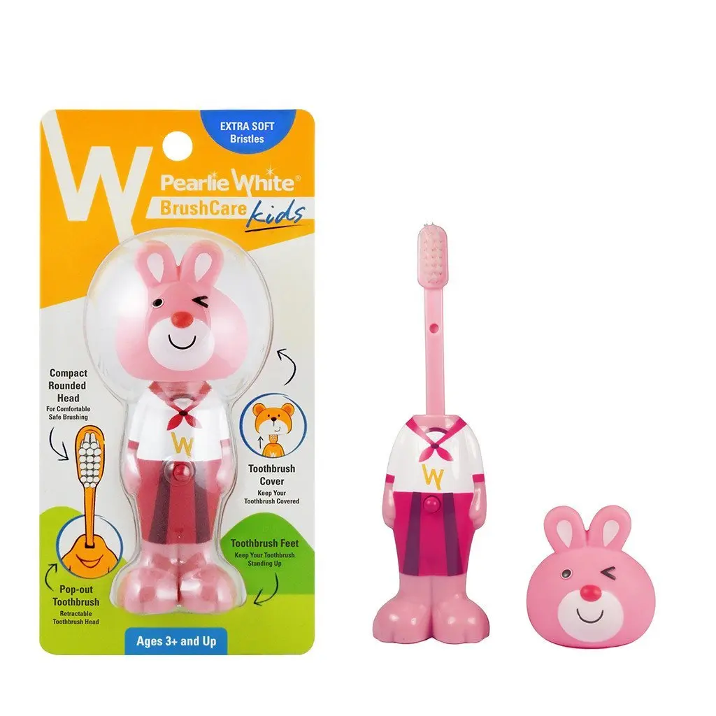 This multi-colored Pearlie White kids toothbrush with a protective cover helps children aged 3 and above develop good oral health habits and makes brushing a fun experience.