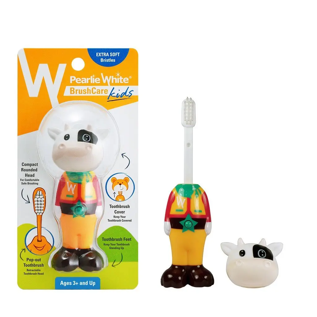 This multi-colored Pearlie White kids toothbrush with a protective cover helps children aged 3 and above develop good oral health habits and makes brushing a fun experience.