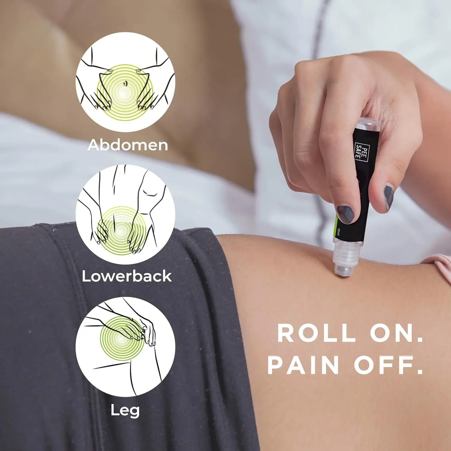 Pee Safe Cramp Relief Roll On by Redcliff, a medication for feminine pain relief during periods.