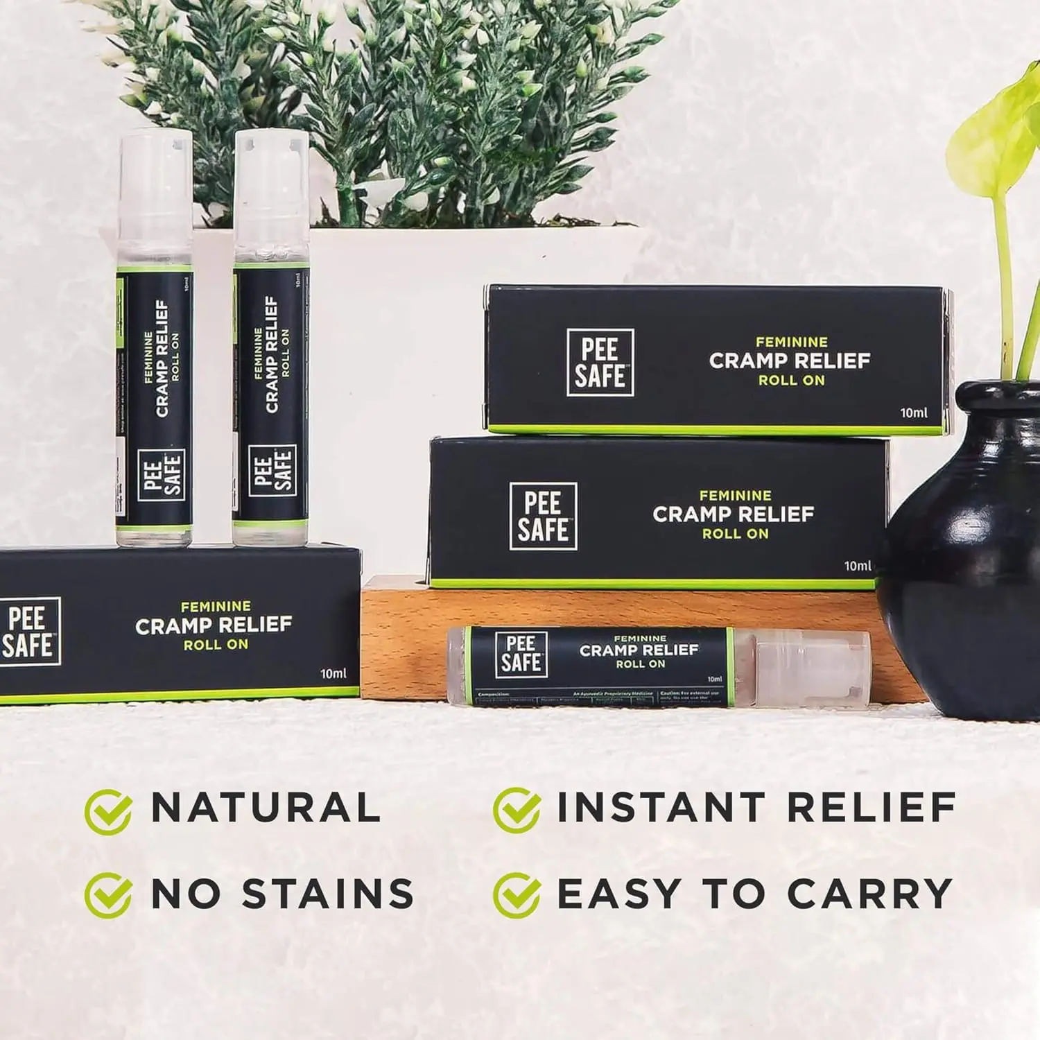 Pee Safe Cramp Relief Roll On by Redcliff, a medication for feminine pain relief during periods.