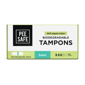 Pee Safe 100% organic cotton tampons provide super absorbency and comfortable, natural protection during menstruation, offering a biodegradable disposal option.