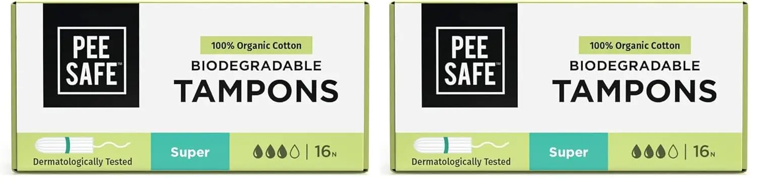 Pee Safe 100% organic cotton tampons provide super absorbency and comfortable, natural protection during menstruation, offering a biodegradable disposal option.