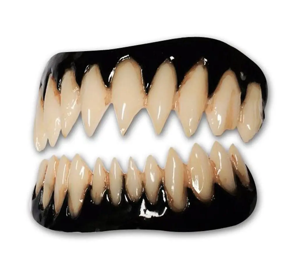 Black Pennywise fangs 2.0 are flexible costume teeth with thermal beads for easy fitting, including a velvet bag and retainer case.
