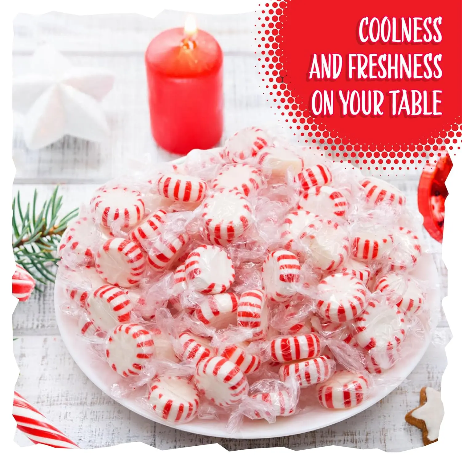 A two-pound bulk pack of red and white striped Starlight Peppermint Mints hard candy, individually wrapped and perfect for holiday treats.